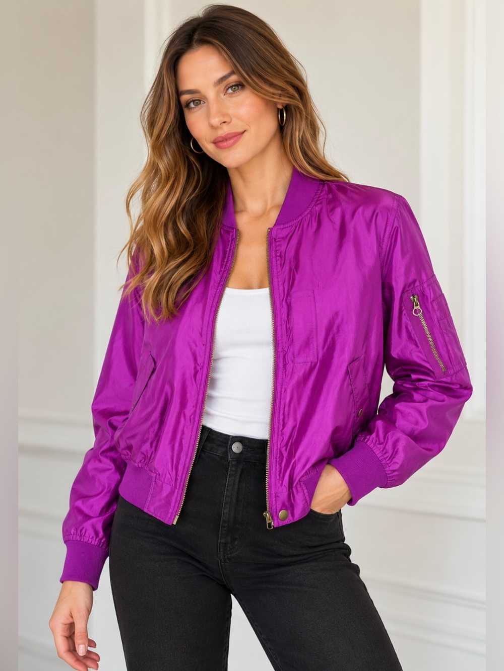Ralph Lauren Silk 100% Bomber Jacket Purple Magenta Size 6